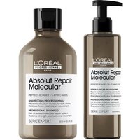 Brown L'Oreal shampoo bottle with black cap and Absolut Repair Molecular label, alongside pump dispenser bottle.