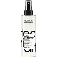 White spray bottle with black pump, labeled "L'Oreal Professionnel Tecni.ART All in 1 Performer Multi-benefit Spray."