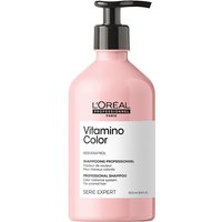 Pink bottle of L'Oreal Professionnel Vitamino Color Shampoo, 500ml, with black pump and white label.