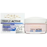 L'Oreal Triple Active Night Cream, 50ML jar, white lid, blue label, in box with hydration claims.