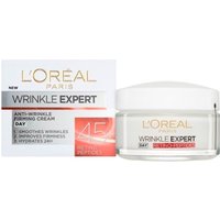 L'Oreal Wrinkle Expert Day Cream 45+ in white jar with silver lid, next to matching white and red box.