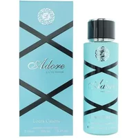 Turquoise Louis Cardin Adore Eau De Parfum 100ml bottle with black cap and matching box featuring black crisscross design.