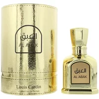 Gold Louis Cardin Al Abak Eau De Parfum 100ml bottle with matching cylindrical box, Arabic script on both.