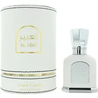 White Louis Cardin Al Abir Eau De Parfum bottle with silver cap and matching cylindrical box with gold accents.