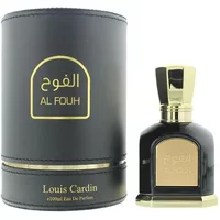 Louis Cardin Al Fouh Eau De Parfum 100ml, black bottle with gold cap, paired with matching cylindrical black box.