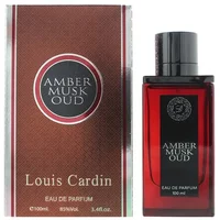 Louis Cardin Amber Musc Oud Eau De Parfum 100ml, red bottle with black cap, brown box with silver accents.