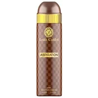 Brown Louis Cardin Aspiration deodorant spray 200ml with gold cap and checkered pattern design.