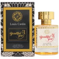 Louis Cardin Beautiful Me Eau De Parfum 100ml, gold cap, clear bottle, ornate black and gold box.