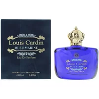 Blue Louis Cardin Bleu Marine Eau De Parfum bottle with gold crown cap, next to matching navy box.