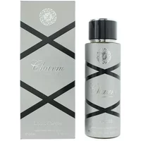 Louis Cardin Charm Eau De Parfum 100ml, silver bottle with black cap, crisscross black lines, matching box.