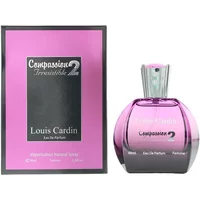 Louis Cardin Compassion 2 perfume, 90ml, in a purple glass bottle with a silver cap, next to a matching pink box.