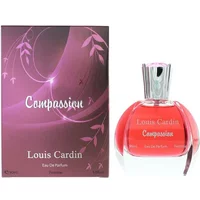 Louis Cardin Compassion Eau De Parfum 90ml, pink bottle with silver cap, next to matching pink and purple box.