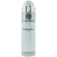 Silver Louis Cardin Credible Homme deodorant spray 200ml with dotted pattern and silver cap.