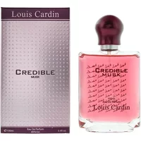 Louis Cardin Credible Musk Eau De Parfum 100ml, pink liquid in clear bottle with maroon cap, next to matching box.