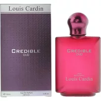 Pink Louis Cardin Credible Oud Eau De Parfum bottle with a round cap, next to a matching purple box.