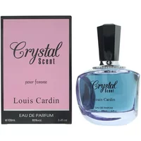Louis Cardin Crystal Scent Eau De Parfum 100ml with pink box and blue glass bottle, black cap.