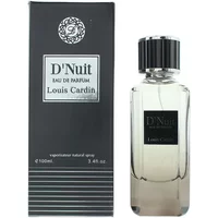 Louis Cardin D'Nuit Eau De Parfum 85ml, clear glass bottle with black cap and label, next to matching black box.