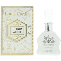 White Louis Cardin Elixir White Eau De Parfum bottle with silver cap, next to ornate gold-accented box.