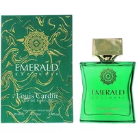 Green Louis Cardin Emerald Exclusif Eau De Parfum bottle with gold cap, matching ornate green and gold box.