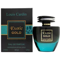 Louis Cardin Exotic Gold Eau De Parfum 100ml, black and teal bottle with gold accents, next to matching box.