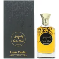 Louis Cardin Exotic Musk Eau De Parfum 100ml, gold cap, amber liquid, black and gold ornate box.