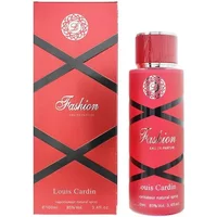 Red Louis Cardin Fashion Eau De Parfum 100ml bottle with matching box, featuring black diagonal stripes and silver accents.