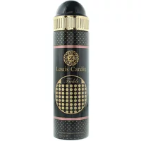 Black and gold Louis Cardin Fickle deodorant spray with polka dot design and gold cap, 200ml bottle.