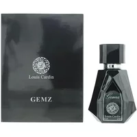 Black faceted Louis Cardin GEMZ Eau De Parfum bottle with matching box, featuring silver logo and text.