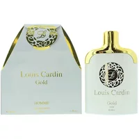 White and gold Louis Cardin Gold Eau De Parfum 100ml bottle with ornate cap and matching box.