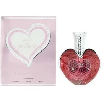 Heart-shaped pink Louis Cardin Heart Of Diamond Eau De Parfum bottle with silver cap, next to matching box.