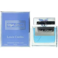 Louis Cardin High Street Eau De Parfum 100ml, clear glass bottle with silver cap, blue liquid, and matching box.