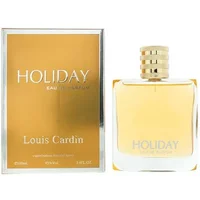 Louis Cardin Holiday Eau De Parfum 100ml, gold rectangular bottle with ribbed cap, matching gold box.