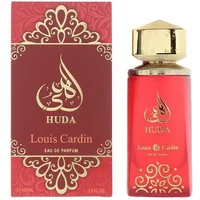 Red Louis Cardin Huda Eau De Parfum bottle with gold cap and ornate box design, 100ml.
