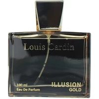 Louis Cardin Illusion Gold Eau De Parfum 100ml in a sleek black rectangular bottle with gold accents and square cap.
