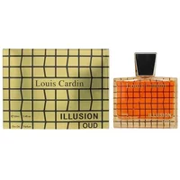 Gold checkered Louis Cardin Illusion Oud Eau De Parfum bottle and box, 100ml, with black cap and amber liquid.