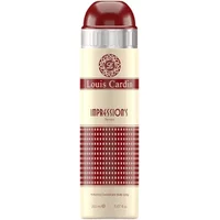 Cream and burgundy Louis Cardin Impression's deodorant spray, 200ml, with a patterned label and shiny cap.