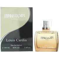 Louis Cardin Impression's Eau De Parfum 100ml, clear square bottle, silver cap, black and beige box.