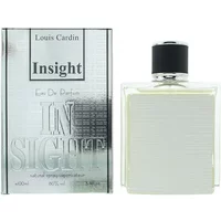 Louis Cardin Insight Eau De Parfum 100ml, clear square bottle with black cap, silver box with embossed text.