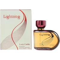 Louis Cardin Lightning Eau De Parfum 100ml, curved glass bottle with red cap, matching box with red swirl design.