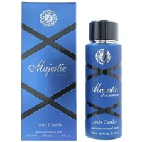 Blue Louis Cardin Majestic Eau De Parfum bottle with black cap and matching blue box featuring black diagonal stripes.