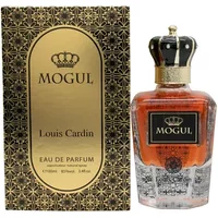 Louis Cardin Mogul Eau De Parfum 100ml, ornate gold and black box, crown-topped clear bottle with amber liquid.
