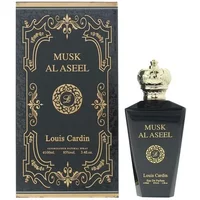 Louis Cardin Musk Al Aseel perfume, black bottle with ornate gold cap, matching decorative box.