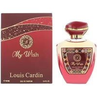 Louis Cardin My Wish Eau De Parfum 100ml, red and gold bottle with ornate design, matching box with logo.