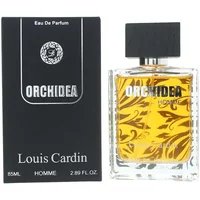 Louis Cardin Orchidea Homme Eau De Parfum 85ml, clear bottle with black floral design, black cap, and matching box.