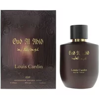 Louis Cardin Oud Al Abid Eau De Parfum 100ml, dark brown bottle with gold lettering, matching box.