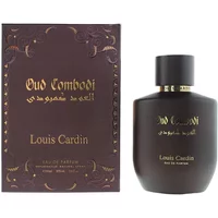 Louis Cardin Oud Cambodi Eau De Parfum 100ml, dark brown bottle with gold text, matching ornate box.