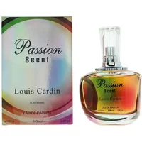 Louis Cardin Passion Scent Eau De Parfum 100ml, iridescent bottle with silver cap, matching colorful box.