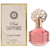 Louis Cardin Pink Sapphire Eau De Parfum 100ml, pink bottle with ornate gold cap, next to matching box.