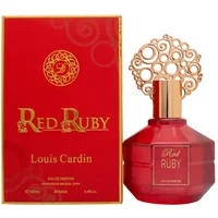 Red Louis Cardin Red Ruby Eau De Parfum 100ml with ornate gold cap and matching red box with gold accents.