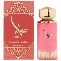 Pink Louis Cardin Saba Eau De Parfum bottle with gold cap, ornate red and gold packaging.